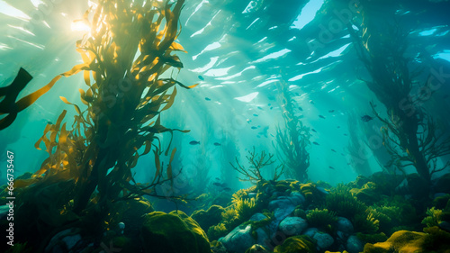 underwater scene in the sea with colorful rays of light