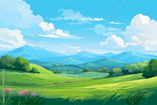 Vast Serenity  Illustration of Grassland  Blue Sky  White Clouds  and Distant Mountains