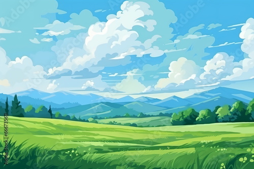 Vast Serenity: Illustration of Grassland, Blue Sky, White Clouds, and Distant Mountains