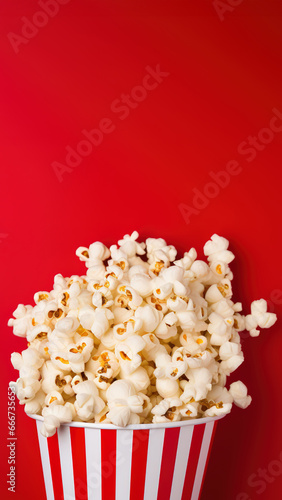 banner cinema popcorn bowl on red background, tasty popcorn red striped carton bucket box, with copyspace.