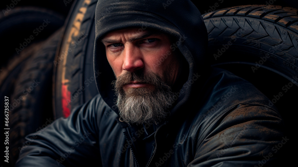 portrait of a tire fitter next to tires portrait of a tire fitter next to tires