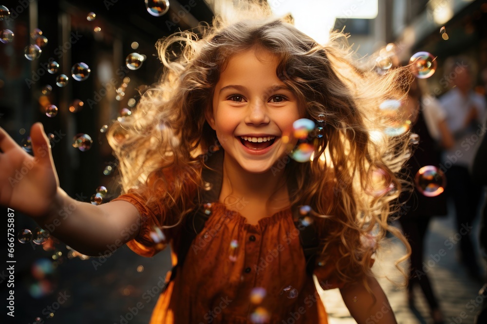 little girl running on the street behind soap bubbles little girl running on the street behind soap bubbles
