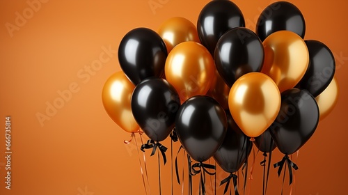 Black and orange airbals holiday decoration on orange background. copy paste p;ace. AI generated