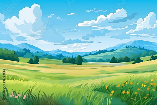 Vast Serenity: Illustration of Grassland, Blue Sky, White Clouds, and Distant Mountains © duyina1990
