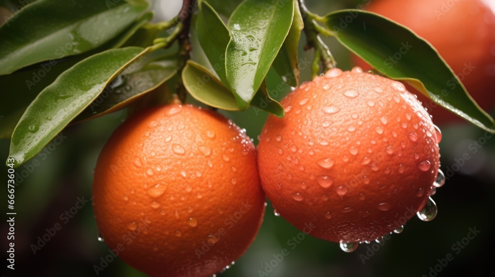 Obraz premium Two oranges hanging from a tree with water droplets