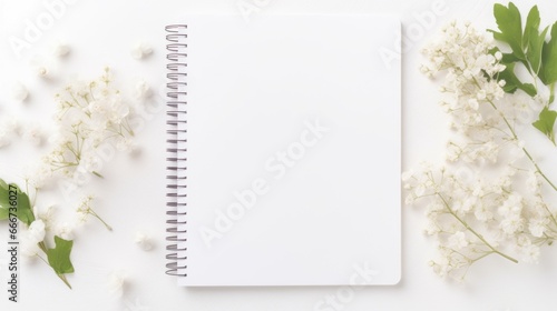 A white notebook with a blank page surrounded by white flowers