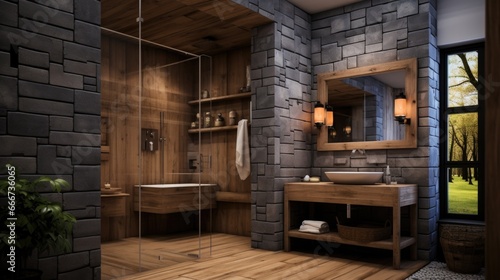 A bathroom with a stone wall and wooden floors