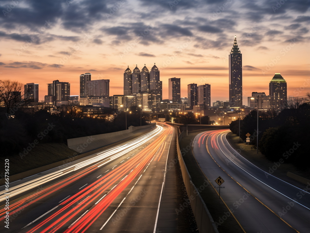 Obraz premium Urban Rush Hour: Evening Traffic on a Highway in the City