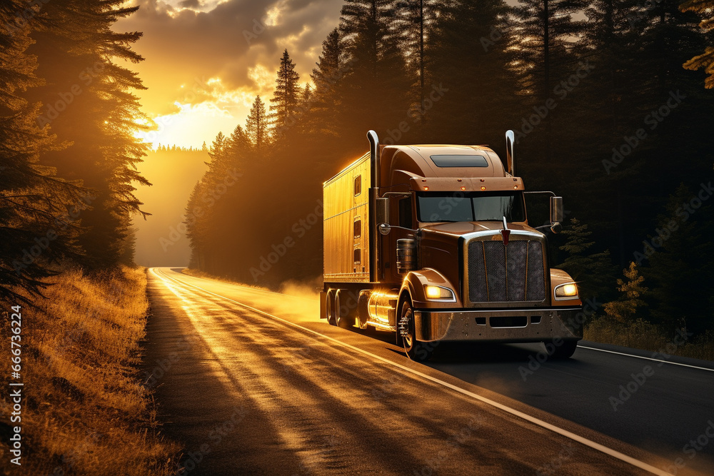 Transportation truck as it journeys along a vast highway, with the sun setting on the horizon. Ai generated Transportation truck as it journeys along a vast highway, with the sun setting on the horizon. Ai generated