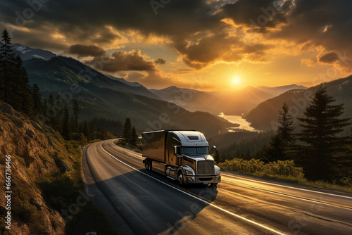 Transportation truck as it journeys along a vast highway, with the sun setting on the horizon. Ai generated © twindesigner