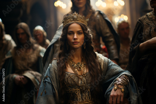 The queen poses on her throne with her crown, looking seductive at the camera, with her court of courtiers in the background in a medieval-era image photo