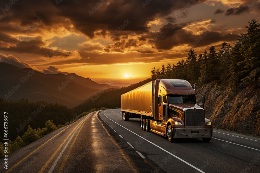 Transportation truck as it journeys along a vast highway, with the sun setting on the horizon. Ai generated