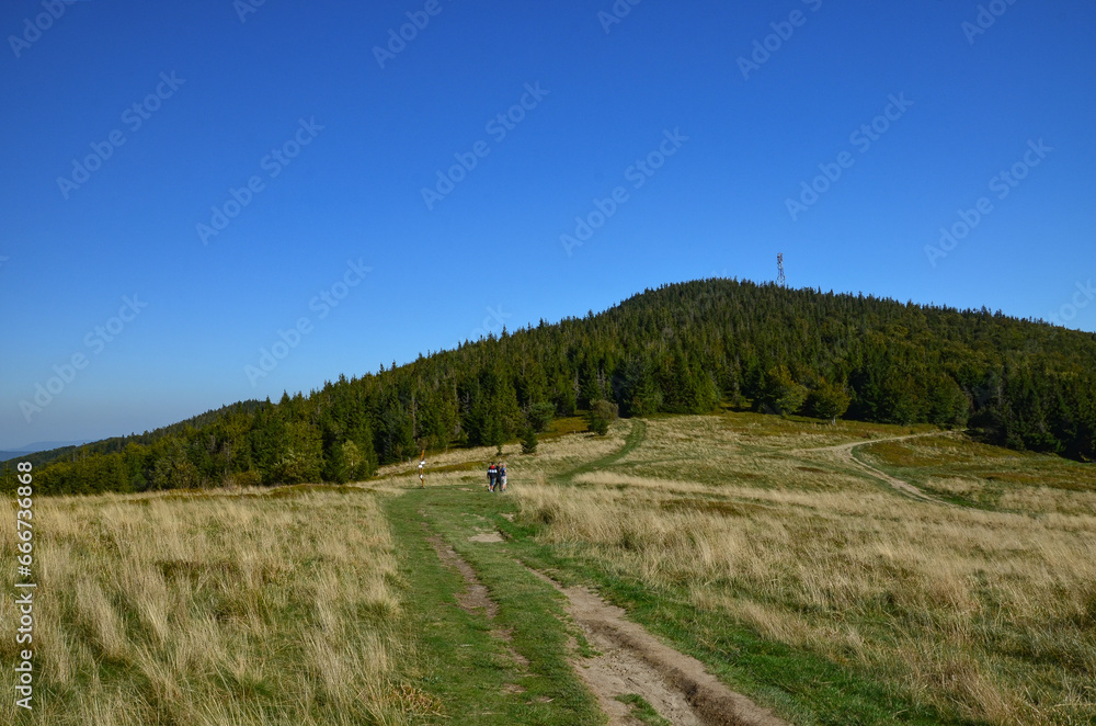 picturesque mountain landscape in the Beskid Żywiecki on the trail to Polica