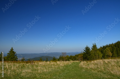 picturesque mountain landscape in the Beskid Żywiecki on the trail to Polica