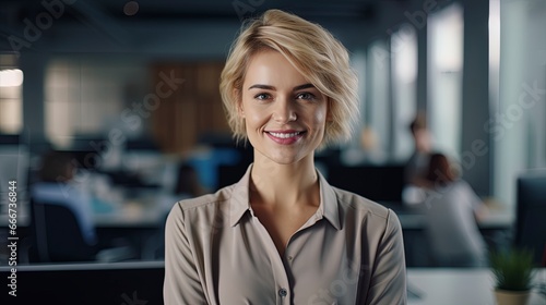 Portrait of beautiful professional businesswoman with blond hair looking at camera. Modern corporate office workplace scene.