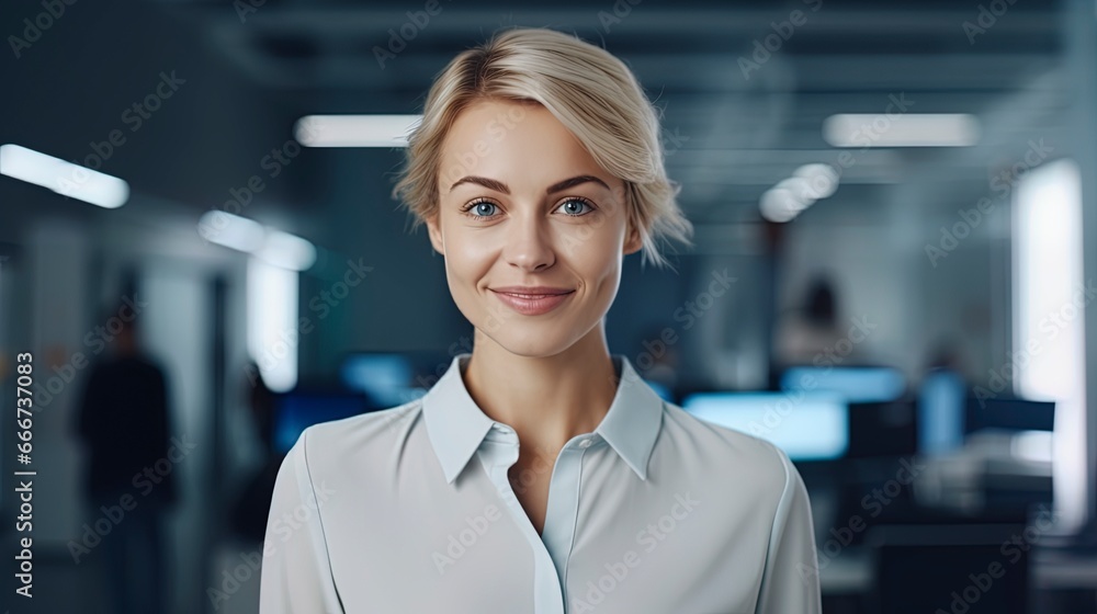 Fototapeta premium Portrait of beautiful professional businesswoman with blond hair looking at camera. Modern corporate office workplace scene.