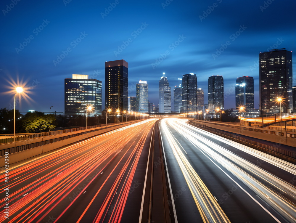 Urban Rush Hour: Evening Traffic on a Highway in the City Urban Rush Hour: Evening Traffic on a Highway in the City