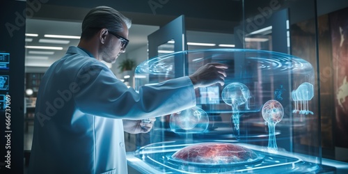 A doctor in a sterile medical room manipulating floating 3D holographic images of the human body  with augmented reality overlays providing real-time patient data and diagnostics