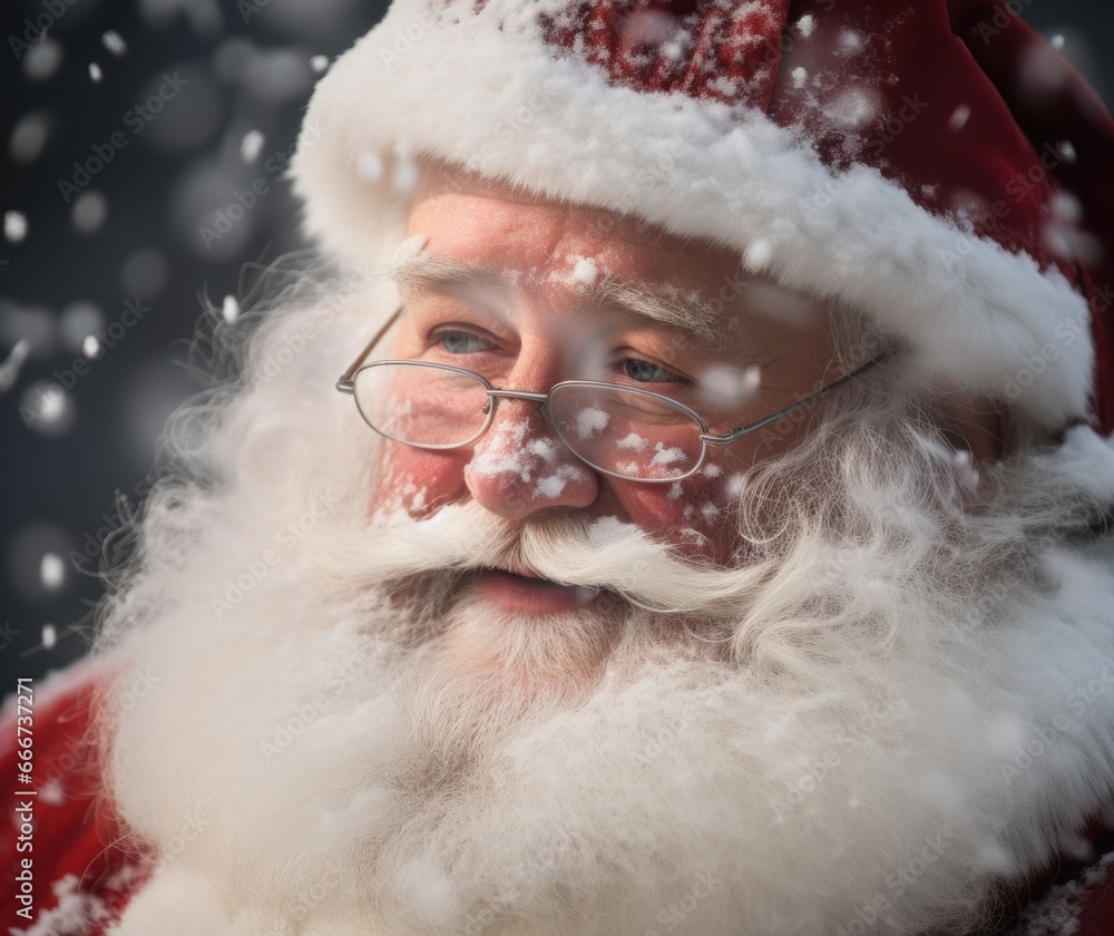 Jolly Santa in a Winter Wonderland: Bearded Man in Santa Suit with Snowflakes Falling, Christmas Holiday Winter Portrait Jolly Santa in a Winter Wonderland: Bearded Man in Santa Suit with Snowflakes Falling, Christmas Holiday Winter Portrait