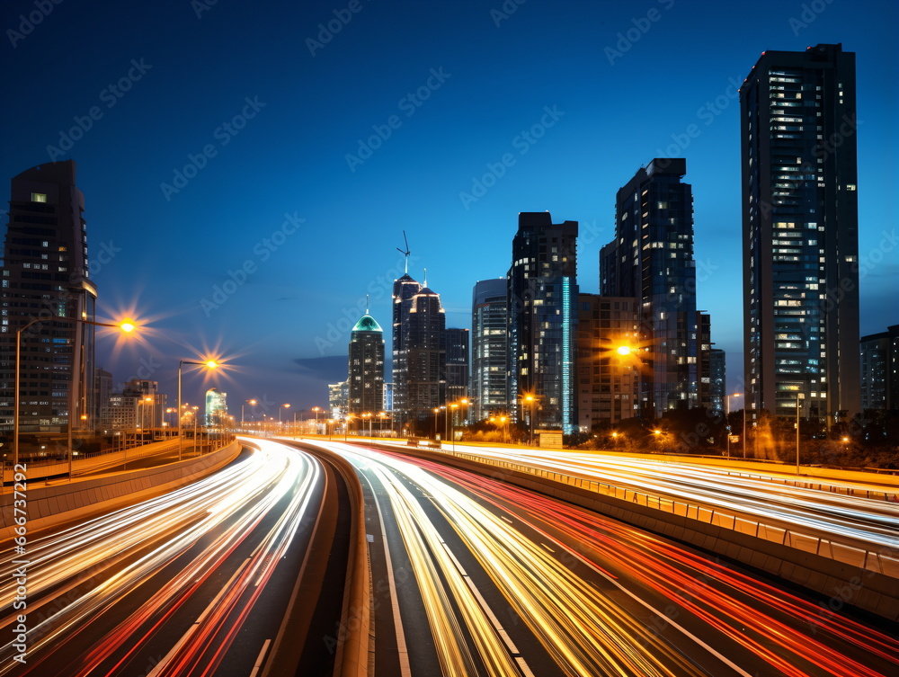 Obraz premium Urban Rush Hour: Evening Traffic on a Highway in the City