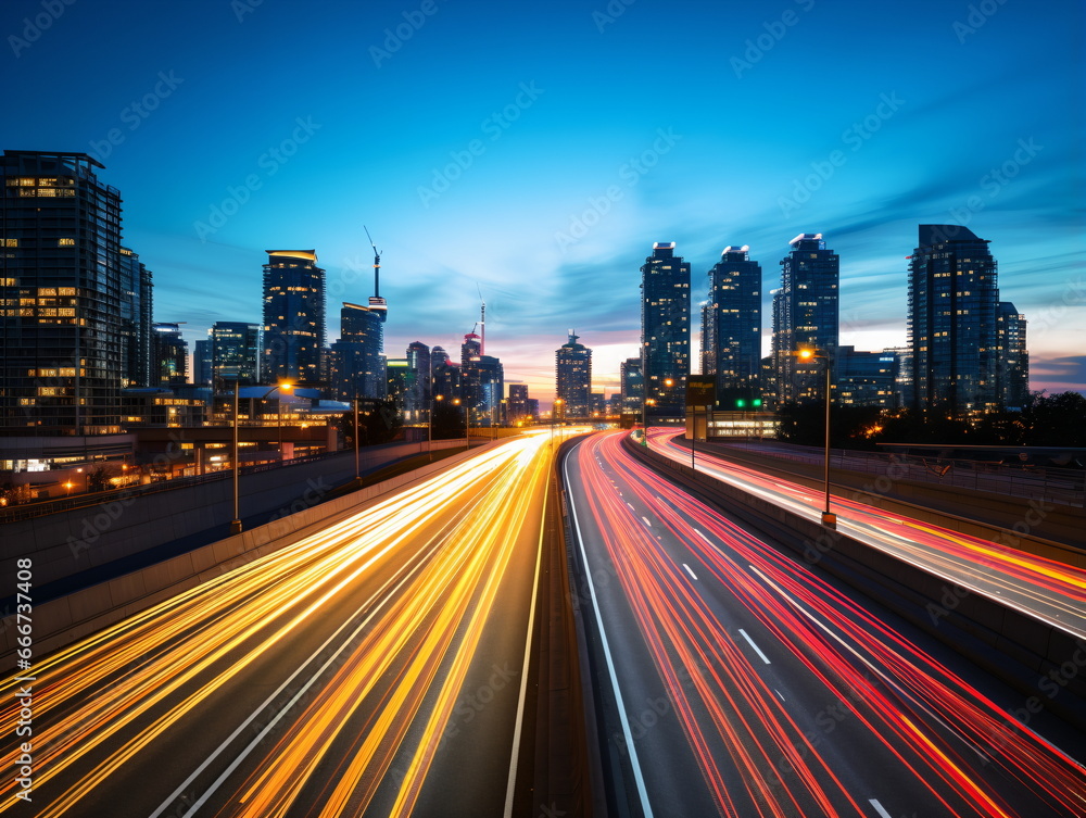 Urban Rush Hour: Evening Traffic on a Highway in the City Urban Rush Hour: Evening Traffic on a Highway in the City