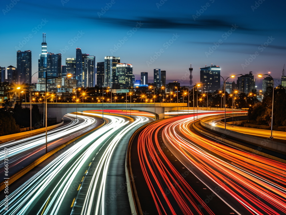 Urban Rush Hour: Evening Traffic on a Highway in the City Urban Rush Hour: Evening Traffic on a Highway in the City