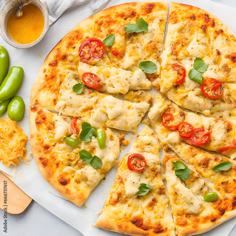 Top view of pizza with chicken green chili pepper tomatoes and cheese on the table ai generated