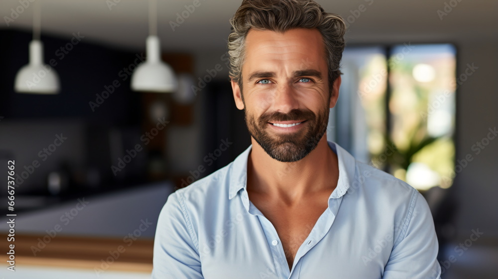 Naklejka premium Confident Elegance: Smiling Middle-Aged Caucasian Man