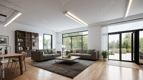 Moderne Wohnzimmer-Innenarchitektur: Ein helles, stilvolles Raumkonzept, Gestaltungsideen für die Inneneinrichtung zu Hause, moderne Möbel und Einrichtung, Dekoartikel,  © joernueding