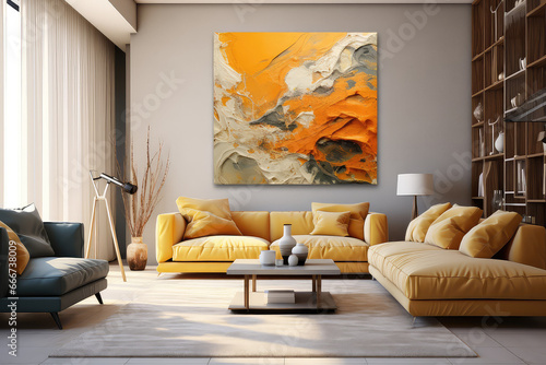 Żółte meble w nowoczesnym salonie z abstrakcyjnym obrazem wiszącym na ścianie . 