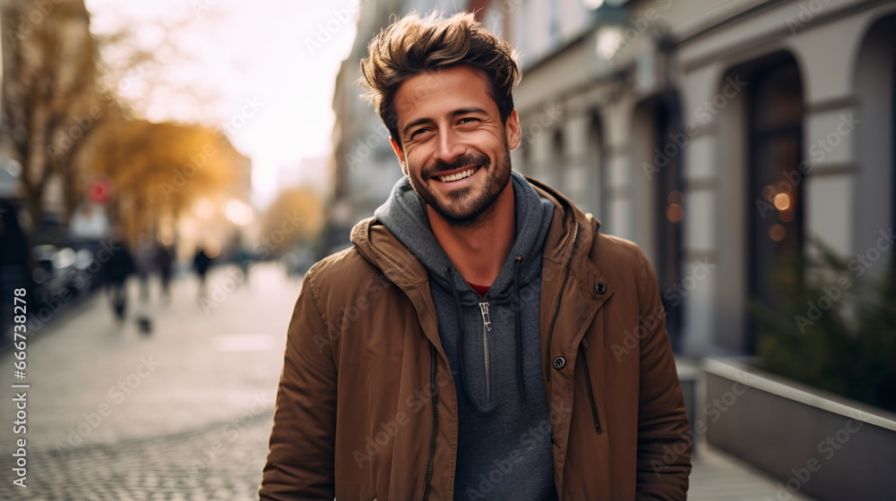 Fototapeta premium Confident Elegance: Smiling Middle-Aged Caucasian Man