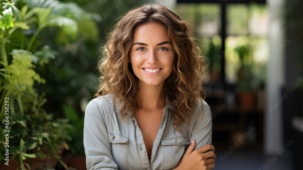 Radiant Charm: Smiling Young Caucasian Woman with Curly Hair in a Living Room Radiant Charm: Smiling Young Caucasian Woman with Curly Hair in a Living Room