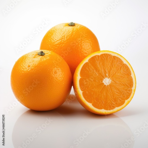 Three oranges cut in half on a white surface. Photorealistic, on white background
