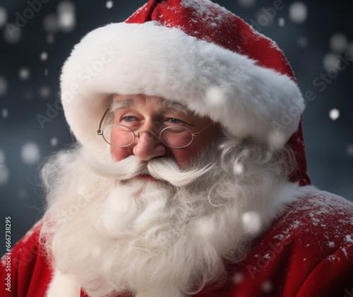 A Jolly Santa Claus in Red Suit with Glasses and Beard, Classic Santa Portrait for Christmas Holidays photo