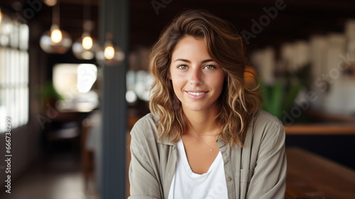 Radiant Charm: Smiling Young Caucasian Woman with Curly Hair in a Living Room