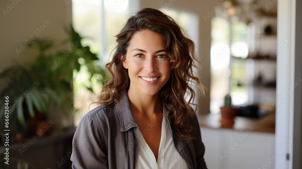 Radiant Charm: Smiling Young Caucasian Woman with Curly Hair in a Living Room Radiant Charm: Smiling Young Caucasian Woman with Curly Hair in a Living Room