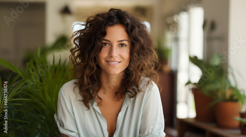 Radiant Charm: Smiling Young Caucasian Woman with Curly Hair in a Living Room