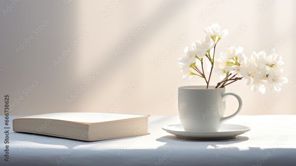 A cup of coffee and a book on a table. A cup of coffee and a book on a table.