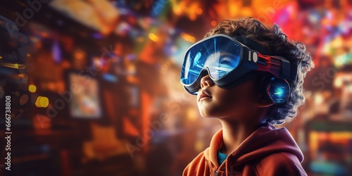 Kid wearing smart glasses, immersed in a vibrant augmented reality game