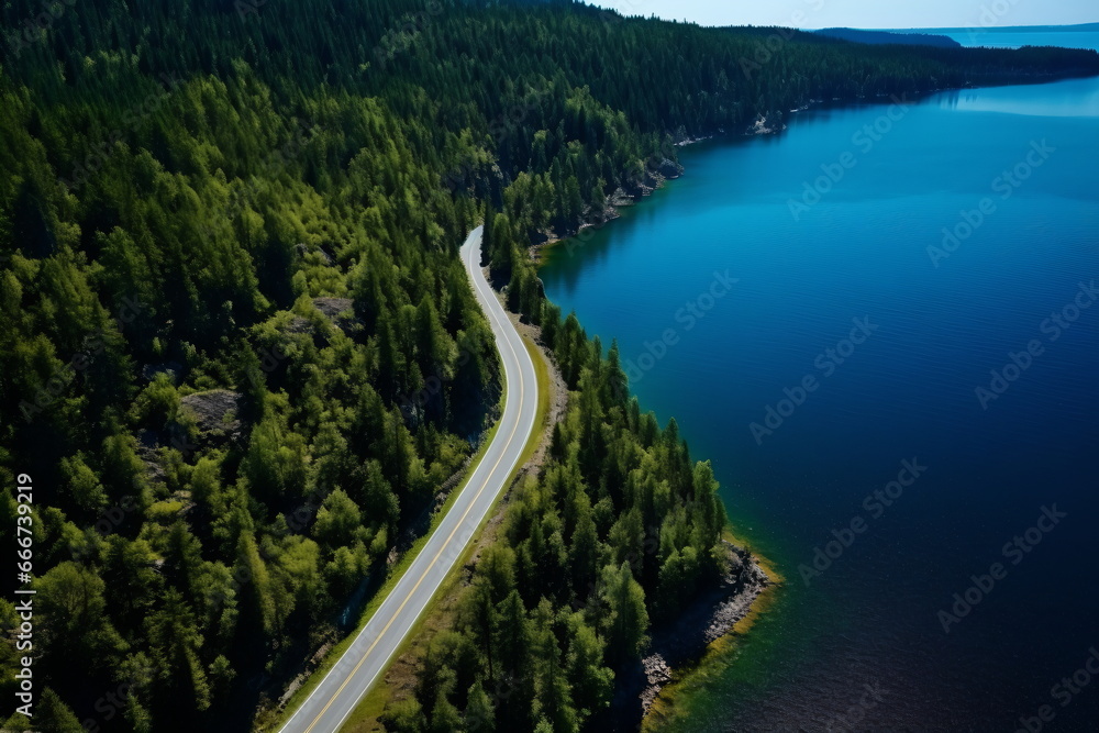 Serenity in Motion: Forest River beside a Scenic Highway Serenity in Motion: Forest River beside a Scenic Highway