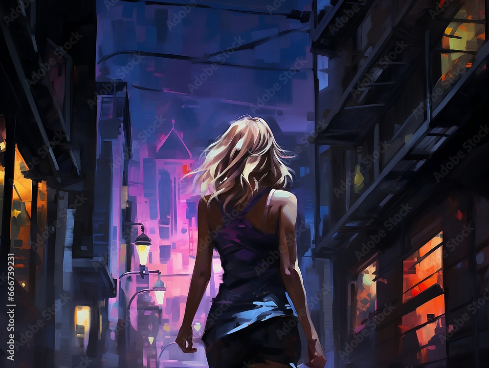 Nighttime Serenity: Digital Painting of Woman in Blue Dress Walking Cyberpunk Down City Street - Perfect for Urban-Themed Artworks, Book Covers, and Dreamlike Visual Narratives Nighttime Serenity: Digital Painting of Woman in Blue Dress Walking Cyberpunk Down City Street - Perfect for Urban-Themed Artworks, Book Covers, and Dreamlike Visual Narratives
