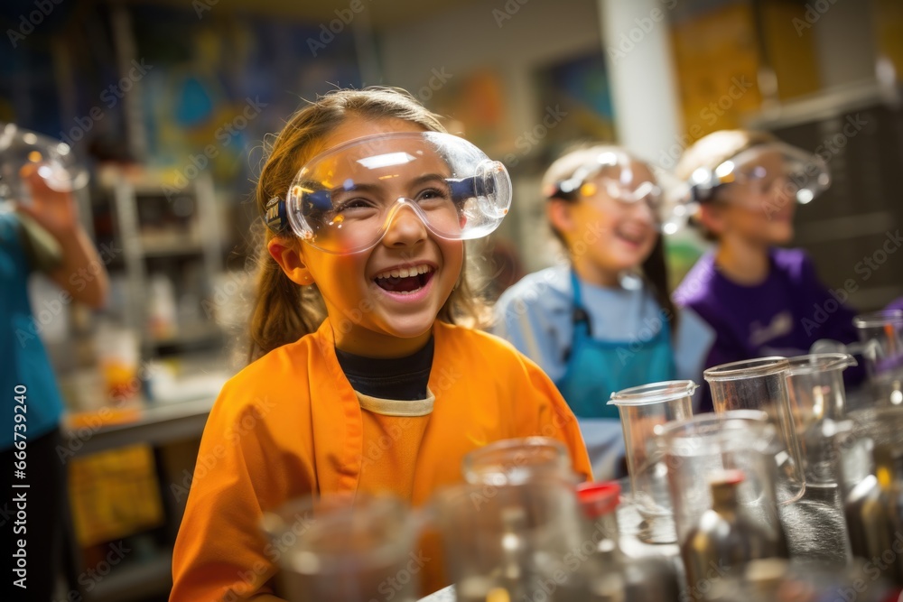 A group of children wearing goggles in a science lab.