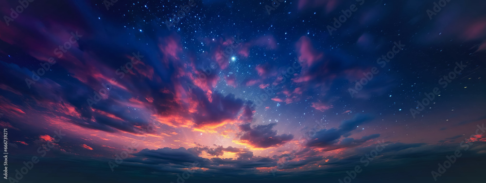 Dark pink and orange sunset clouds with some stars visible through. Abstract night background banner. Generative AI