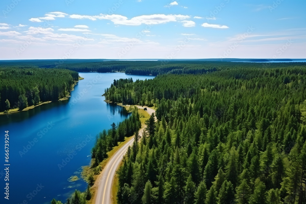 Obraz premium Serenity in Motion: Forest River beside a Scenic Highway