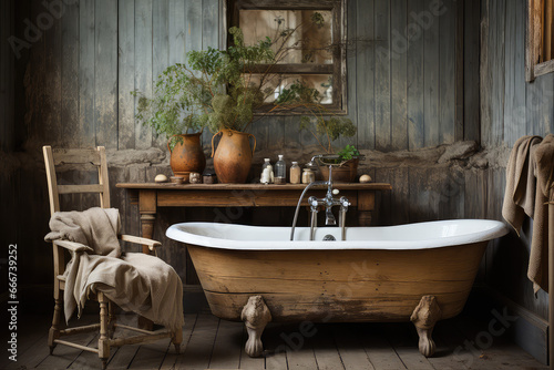 widok ładnej łazienki i klimatycznej wanny w stylu vintage i retro, drewno, okiennice, klimatyczna lazienka