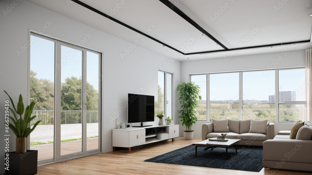 Fototapeta premium Moderne Wohnzimmer-Innenarchitektur: Ein helles, stilvolles Raumkonzept, Gestaltungsideen für die Inneneinrichtung zu Hause, moderne Möbel und Einrichtung, Dekoartikel,