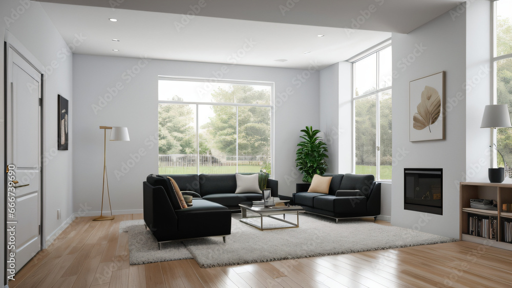 Fototapeta premium Moderne Wohnzimmer-Innenarchitektur: Ein helles, stilvolles Raumkonzept, Gestaltungsideen für die Inneneinrichtung zu Hause, moderne Möbel und Einrichtung, Dekoartikel, 