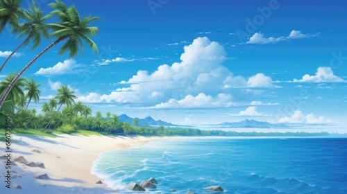 A painting of a tropical beach with palm trees. © tilialucida