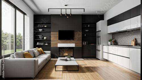 Elegantes Dunkles Design: Moderne Zimmereinrichtung mit TV-Wand und LED-Beleuchtung © joernueding
