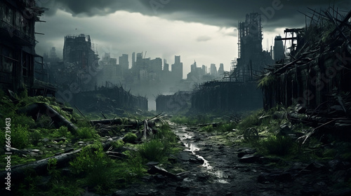 Desolation Aftermath: Post-Apocalyptic Cityscape with Crumbling Buildings City in Ruins - Perfect for Video Game Backgrounds, Film Sets, and Dystopian Narratives photo